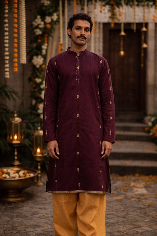 Elegant Rich Wine Silk Blend Kurta with Subtle Golden Buttas