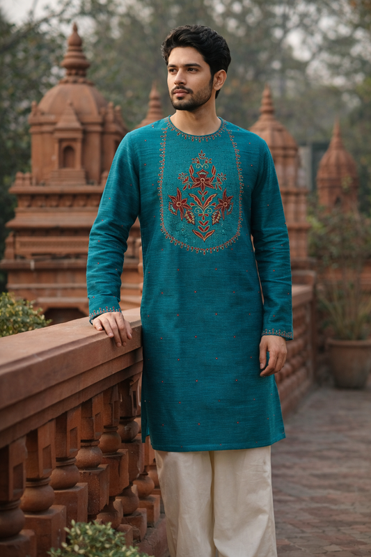 Elegant Teal Silk Blend Kurta with Delicate Butta Embroidery