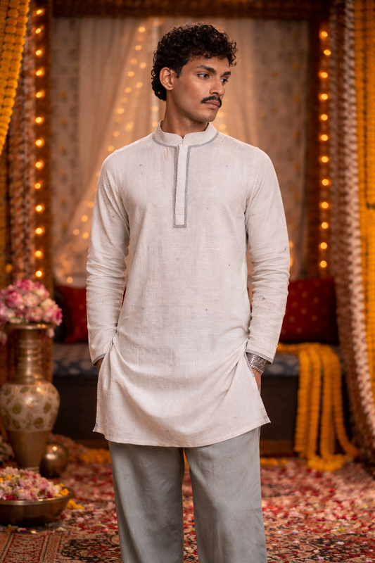 Premium Ash Grey Cotton Kurta with Minimal Butta Detailing