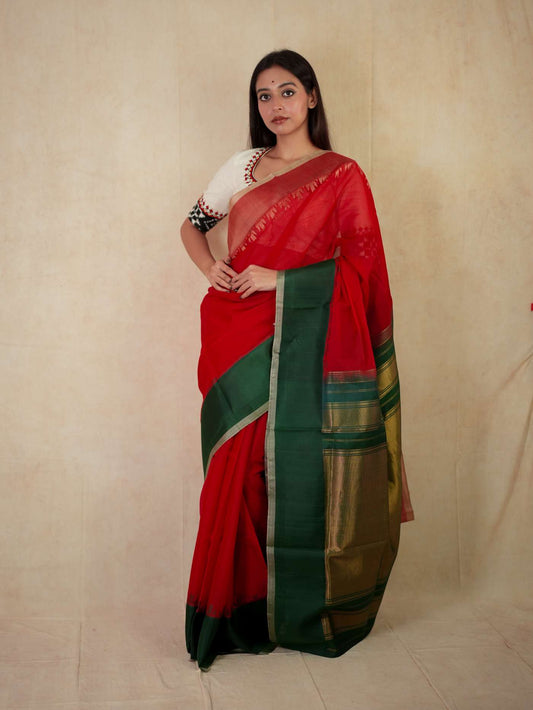 HANDWOVEN RED COLOUR GADWAL SILK BY COTTON SAREE WITH 82 CM BLOUSE PIECE