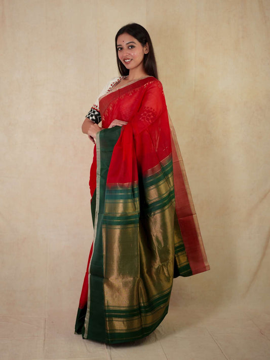 HANDWOVEN RED COLOUR GADWAL SILK BY COTTON SAREE WITH 82 CM BLOUSE PIECE