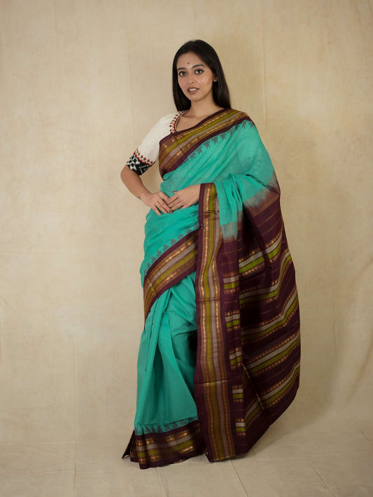 HANDWOVEN SEA GREEN COLOUR GADWAL SILK BY COTTON SAREE WITH 83 CM BLOUSE PIECE