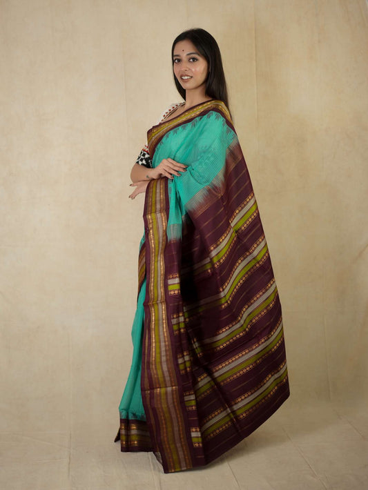 HANDWOVEN SEA GREEN COLOUR GADWAL SILK BY COTTON SAREE WITH 83 CM BLOUSE PIECE