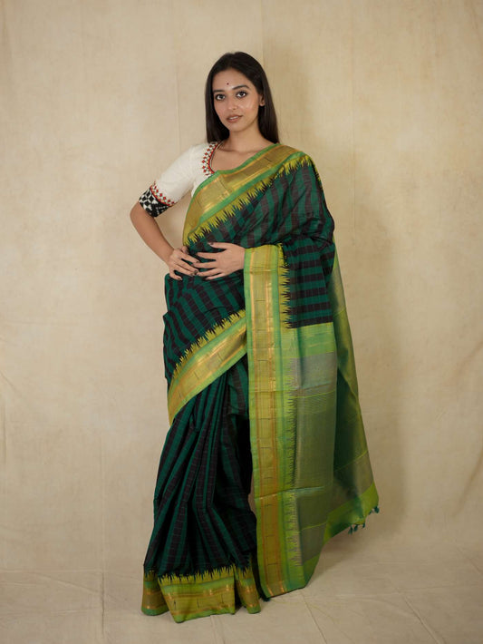 HANDWOVEN GREEN AND BLACK COLOUR GADWAL SILK BY COTTON SAREE WITH 84 CM BLOUSE PIECE