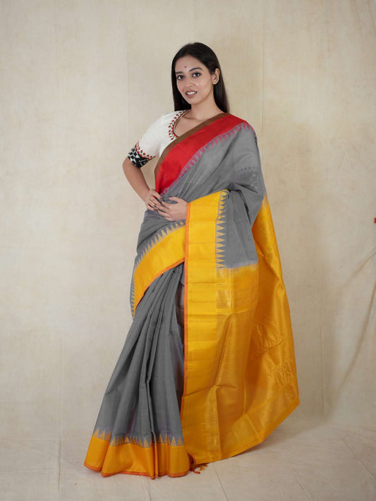 HANDWOVEN GREY COLOUR GADWAL SILK BY COTTON SAREE WITH 90 CM BLOUSE PIECE