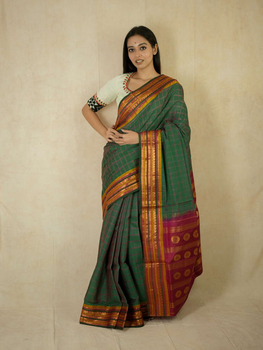HANDWOVEN GREEN COLOUR GADWAL SILK BY COTTON SAREE WITH OUT BLOUSE PIECE