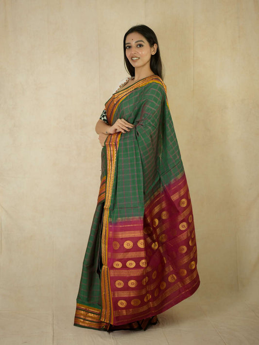 HANDWOVEN GREEN COLOUR GADWAL SILK BY COTTON SAREE WITH OUT BLOUSE PIECE