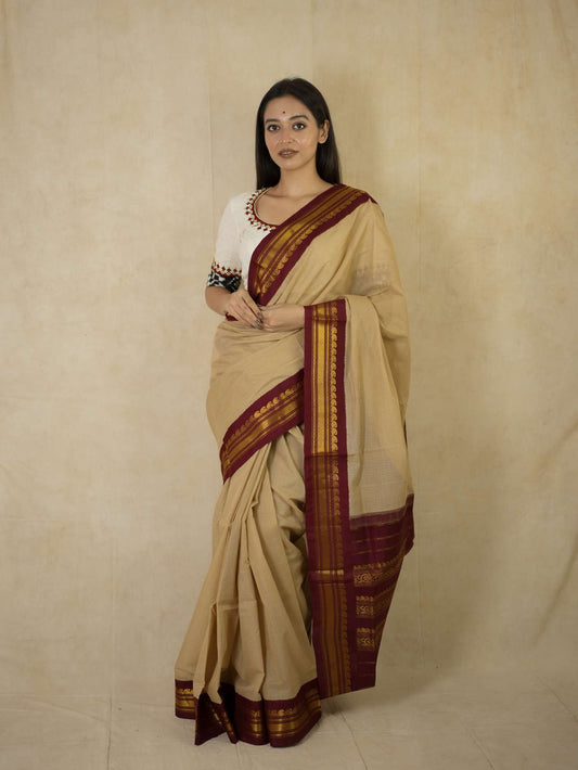 HANDWOVEN BEIGE COLOUR GADWAL SILK BY COTTON SAREE WITH OUT BLOUSE PIECE