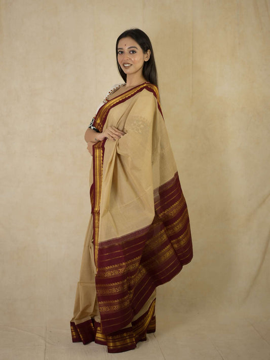 HANDWOVEN BEIGE COLOUR GADWAL SILK BY COTTON SAREE WITH OUT BLOUSE PIECE