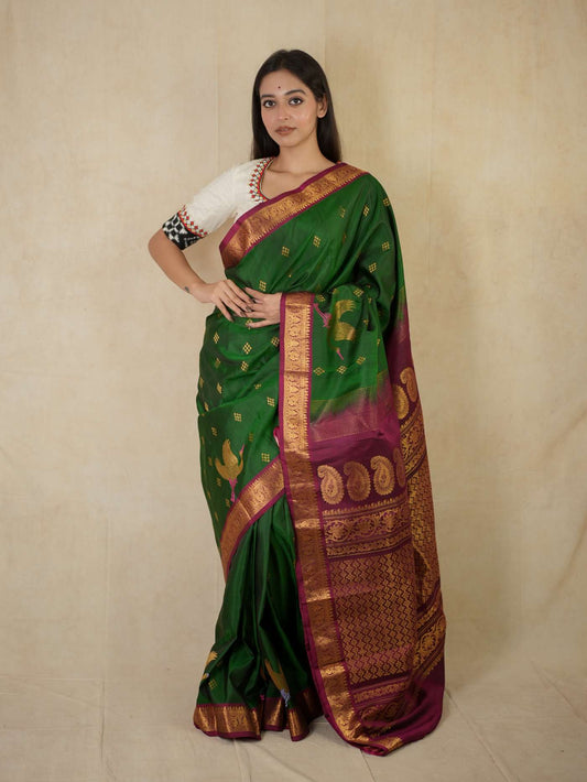 HANDWOVEN GREEN COLOUR GADWAL SILK BY COTTON SAREE WITH 81 CM BLOUSE PIECE