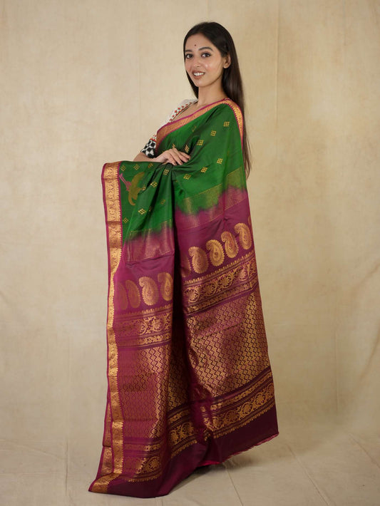 HANDWOVEN GREEN COLOUR GADWAL SILK BY COTTON SAREE WITH 81 CM BLOUSE PIECE