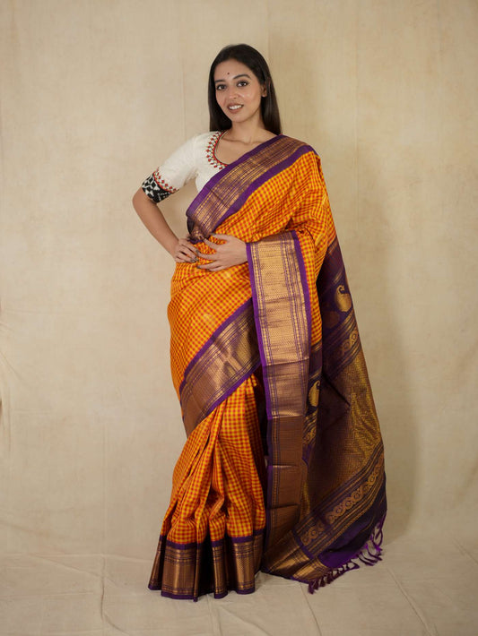HANDWOVEN RED AND YELLOW COLOR GADWAL SILK SAREE WITH 75 CM BLOUSE PIECE