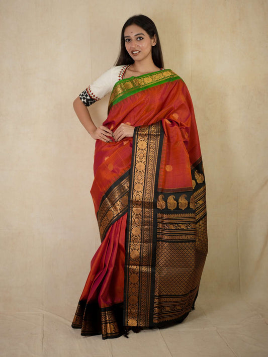 HANDWOVEN REDDISH ORANGE COLOUR GADWAL SILK BY COTTON SAREE WITH 86 CM BLOUSE PIECE