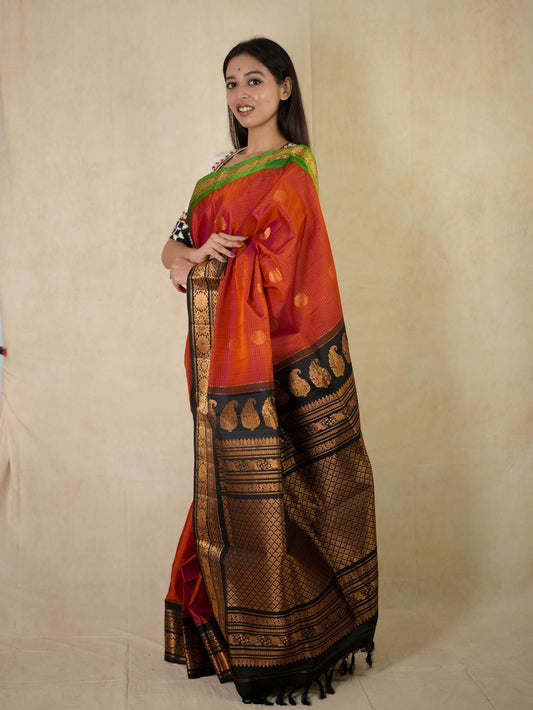 HANDWOVEN REDDISH ORANGE COLOUR GADWAL SILK BY COTTON SAREE WITH 86 CM BLOUSE PIECE