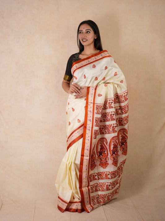 HANDWOVEN CREAM COLOUR GOROD SILK SAREE WITH 97 CM BLOUSE PIECE