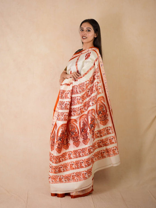 HANDWOVEN CREAM COLOUR GOROD SILK SAREE WITH 90 CM BLOUSE PIECE