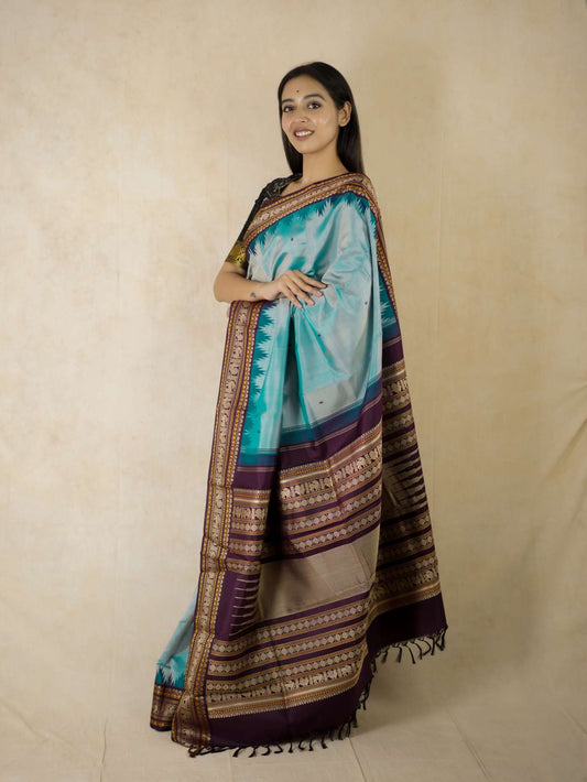 HANDWOVEN SKY BLUE COLOUR KANJEEVARAM SILK SAREE WITH 77 CM BLOUSE PIECE