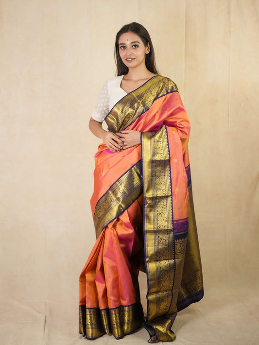 HANDWOVEN PEACH COLOUR KANJEEVARAM SILK SAREE WITH 76 CM BLOUSE PIECE