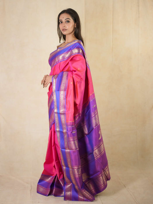 HANDWOVEN PINK COLOUR KANJEEVARAM SILK SAREE WITH 77 CM BLOUSE PIECE