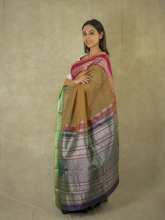 HANDWOVEN LIGHT YELLOW COLOR KANCHIPURAM COTTON SILK SAREE WITH 69 CM BLOUSE PIECE