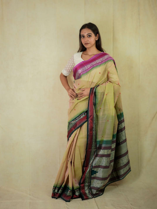 HANDWOVEN BEIGE COLOR KANCHIPURAM COTTON SILK SAREE WITH 72 CM BLOUSE PIECE
