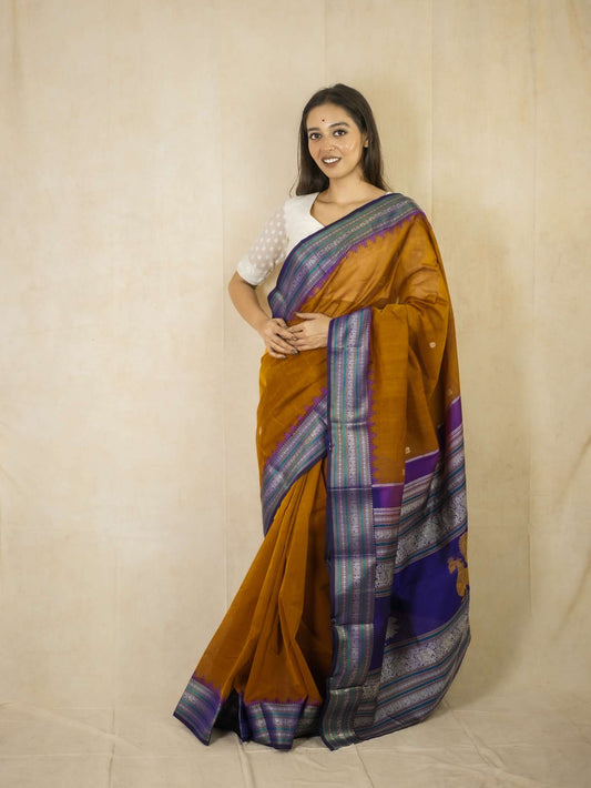 HANDWOVEN DARK MUSTARD COLOR KANCHIPURAM COTTON SILK SAREE WITH 68 CM BLOUSE PIECE
