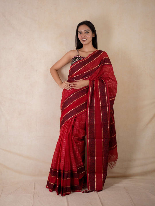 HANDWOVEN RED COLOUR KANCHI COTTON SAREE WITH 95 CM BLOUSE PIECE