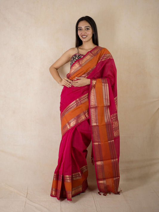 HANDWOVEN PINK COLOUR KANCHI COTTON SAREE WITH 1 M BLOUSE PIECE
