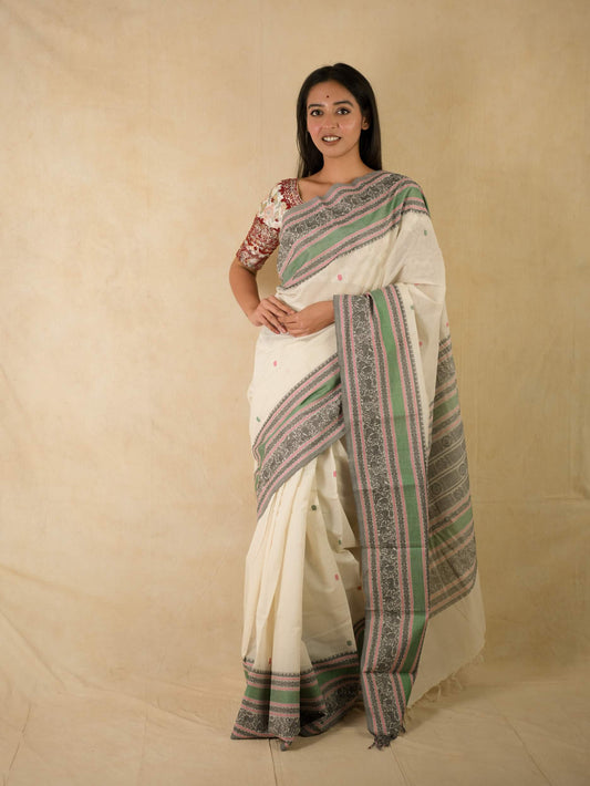 HANDWOVEN WHITE KANCHI COTTON SAREE WITH 67 CM BLOUSE PIECE