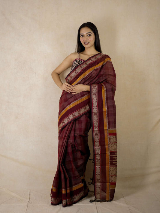 HANDWOVEN MAROON COLOUR KANCHI COTTON SAREE WITH 93 CM BLOUSE PIECE