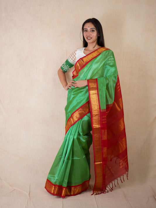 HANDWOVEN GREEN COLOUR KANCHIPURAM SILK BY COTTON SAREE WITH 79 CM BLOUSE PIECE