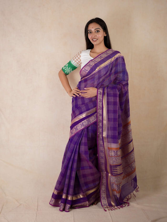 HANDWOVEN PURPLE COLOUR KANCHIPURAM SILK BY COTTON SAREE WITH 89 CM BLOUSE PIECE