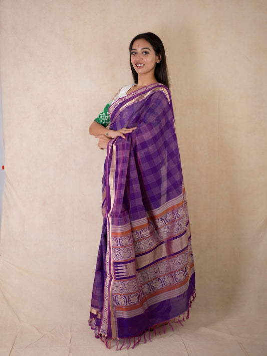 HANDWOVEN PURPLE COLOUR KANCHIPURAM SILK BY COTTON SAREE WITH 89 CM BLOUSE PIECE