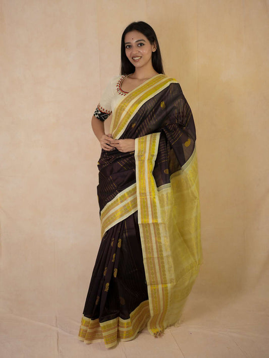 HANDWOVEN PLUM COLOR KANCHIPURAM SILK BY COTTON SAREE WITH 79 CM BLOUSE PIECE