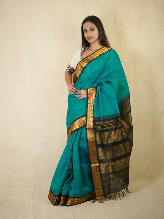HANDWOVEN TURQUOISE BLUE COLOR KANCHIPURAM SILK BY COTTON SAREE WITH 79 CM BLOUSE PIECE