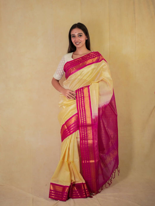 HANDWOVEN CREAM COLOR KANCHIPURAM SILK BY COTTON SAREE WITH 79 CM BLOUSE PIECE