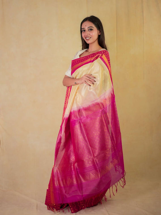 HANDWOVEN CREAM COLOR KANCHIPURAM SILK BY COTTON SAREE WITH 79 CM BLOUSE PIECE