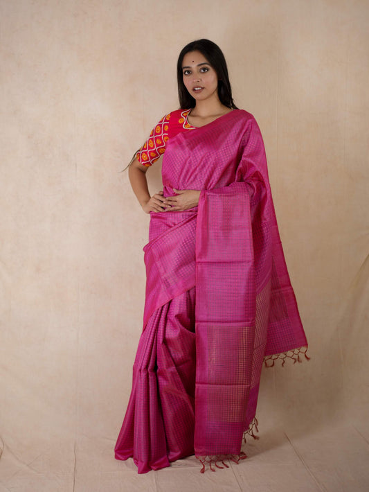 HANDWOVEN BRIGHT PINK COLOUR KOSA SILK SAREE WITH 71 CM BLOUSE PIECE