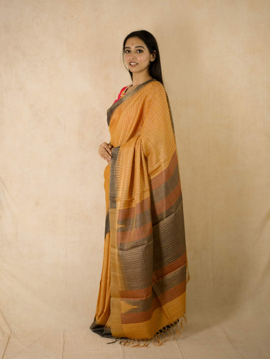 HANDWOVEN YELLOW & GOLDEN DUAL TONE KOSA SILK SAREE WITH 90 CM BLOUSE PIECE