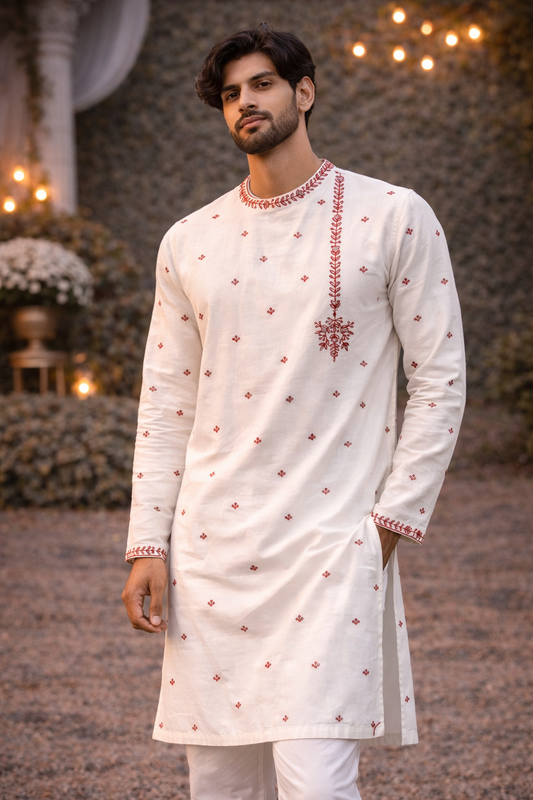Off White Silk Blend Kurta with Red Embroidered Butta