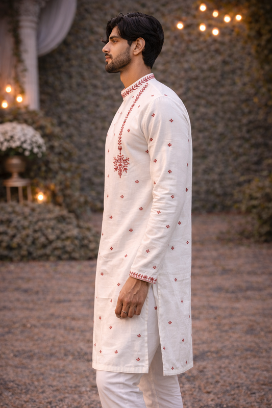 Off White Silk Blend Kurta with Red Embroidered Butta