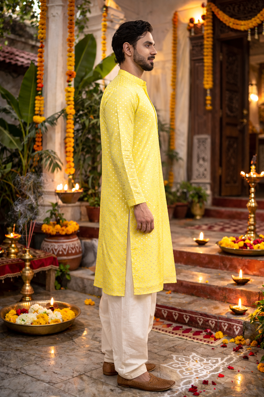 Lemon Yellow Silk Kurta with Subtle Silver Butta Work