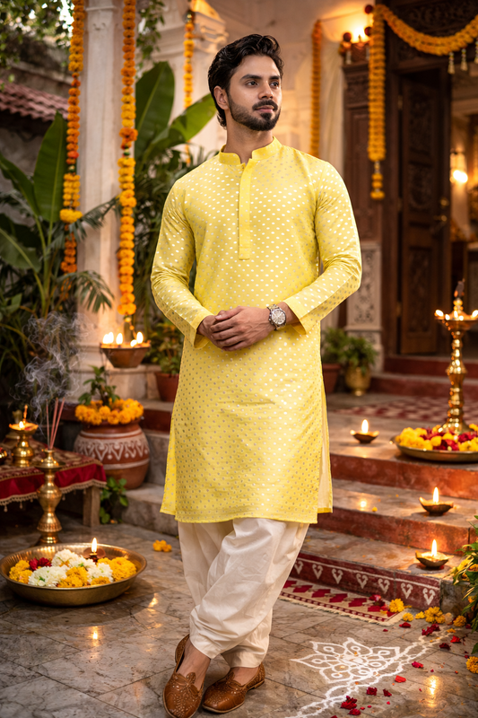 Lemon Yellow Silk Kurta with Subtle Silver Butta Work