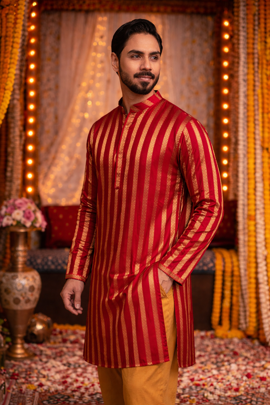 Red Silk Blend Kurta with Vertical Golden Woven Stripe Motifs