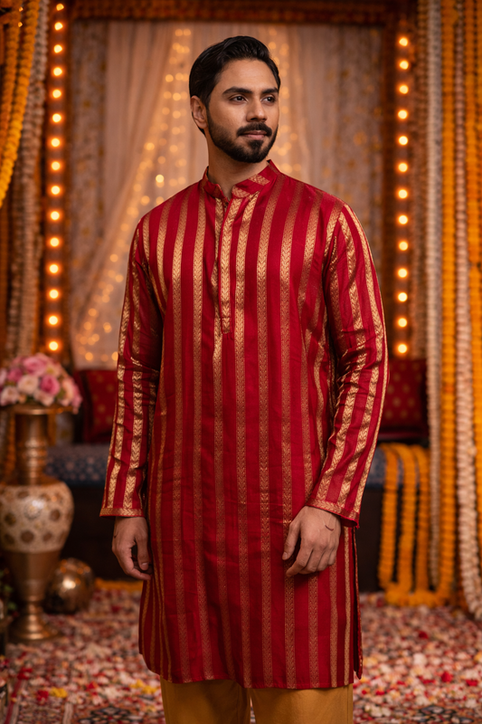 Red Silk Blend Kurta with Vertical Golden Woven Stripe Motifs
