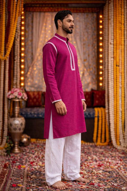 Vibrant Purple Silk Kurta with Elegant White Embroidery