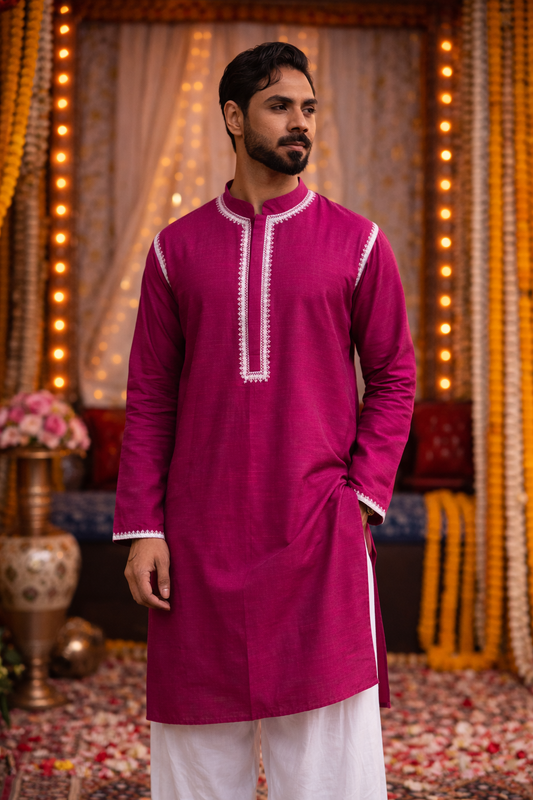 Vibrant Purple Silk Kurta with Elegant White Embroidery