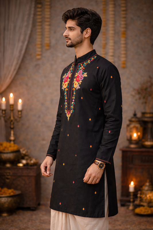 Classic Black Silk Blend Kurta with Vibrant Floral Embroidery