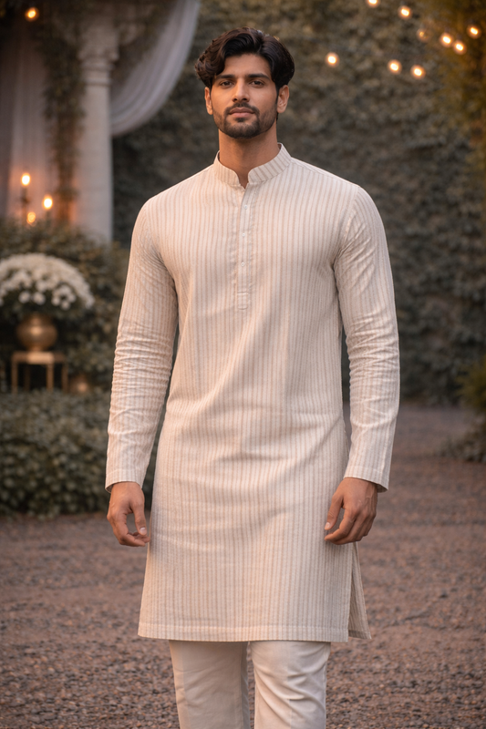 Elegant Off-white Cotton Kurta with Subtle Stripe Detailing