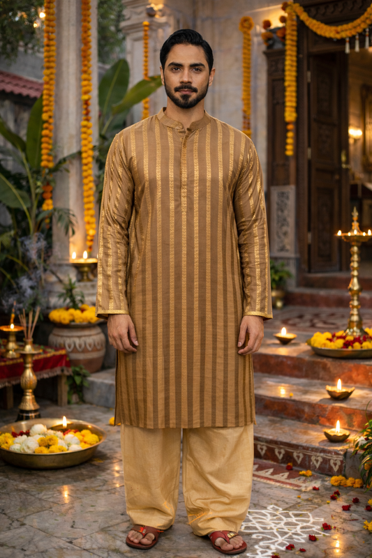 Beige Silk Blend Kurta with Golden Stripe Detailing